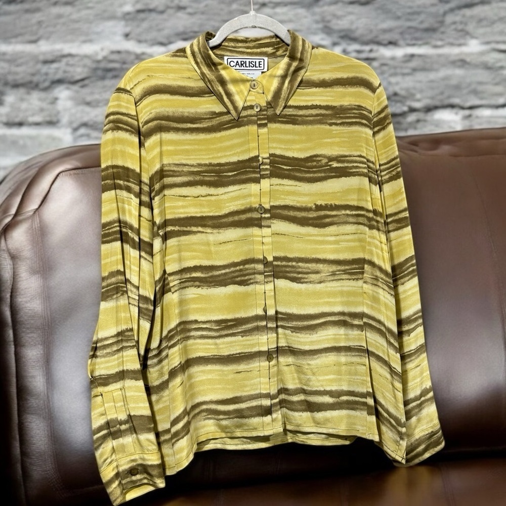 Carlisle 100% silk Yellow and Beige collared blouse size 14